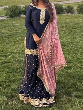 Embellished Navy Anarkali Pantsuit with Pink Dupatta
